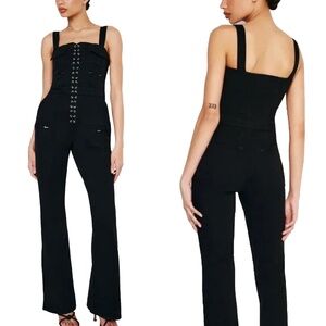 NEW GOOD AMERICAN Black DENIM Lace Up Front UTILITY Twill WIDE LEG JUMPSUIT L